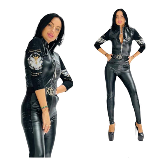 Women's black leather jumpsuit