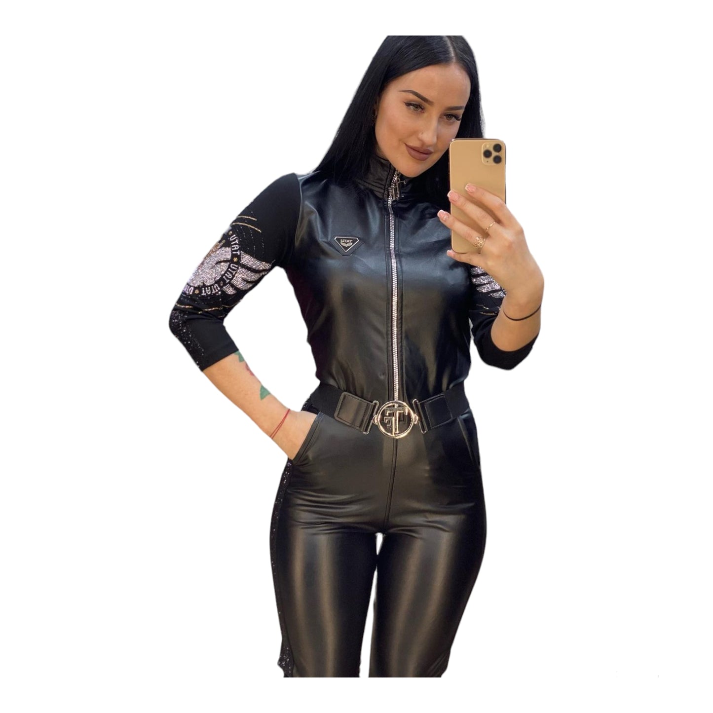 Women's black leather jumpsuit