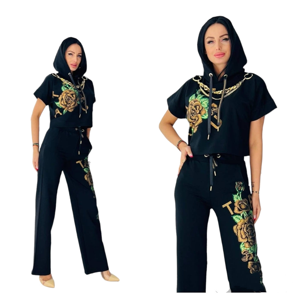 Women's Cotton Two-Piece Set – Black Top and Pants with Green and Gold Stone Design