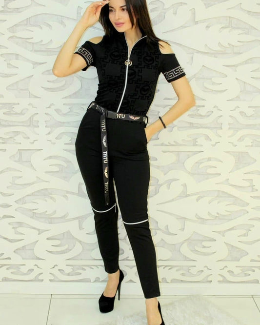 Women's Black Jumpsuit with Silver-Colored Stone Embellishments